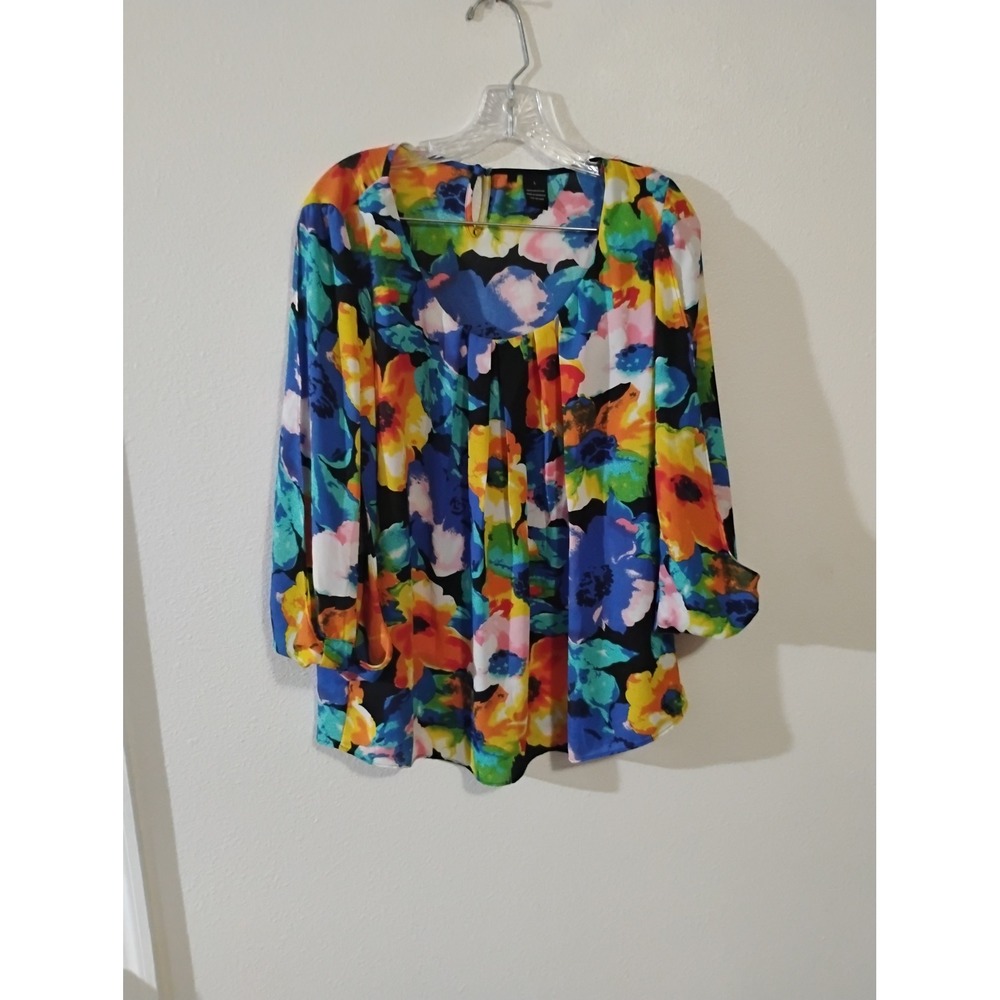 Floral Print 3/4 Sleeve Blouse Multicolored Pleated Neck Keyhole Back Top L
